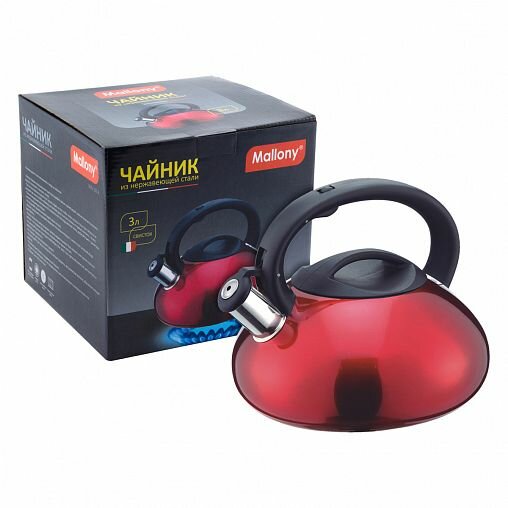 Чайник со свистком MALLONY MAL-103-R 3 литра, красный, со свистком, цельномет из нерж. стали