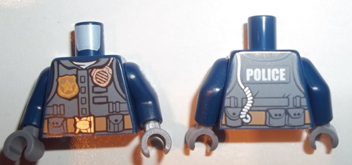 Torso Police Jacket with Dark Bluish Gray Vest, Gold Badge, Radio and 'POLICE' Pattern on Back / Dark Blue Arms / Dark Bluish Gray Hands, 973pb2877c01 Dark Blue U