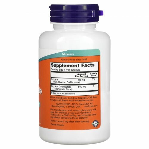 Изображение NOW, Calcium D-Glucarate, Кальций глюкарат 500 мг, 90 вегетарианских капсул для детокса