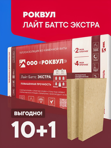 Изображение товара 10+1 Теплоизоляция Rockwool Лайт Баттс Экстра 1000х600х100 (11 упак/ 44 плиты/ 26,4м2)