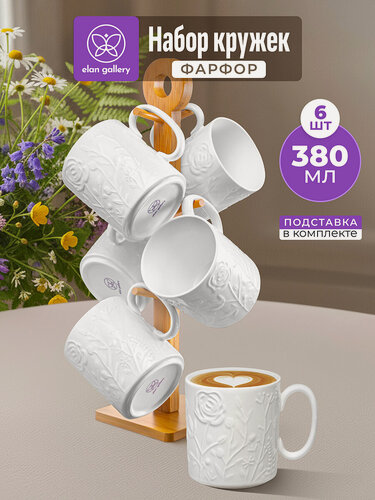 Изображение товара Кружка, чашка для чая, кофе 6 шт по 380 мл Elan Gallery Полевые цветы на бамбуковой подставке, набор