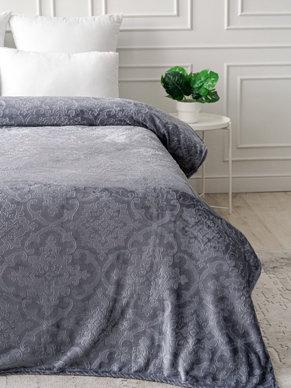 Плед 200х220 Павлина SKANDI Тиснение серый однотонный на диван — фото 1