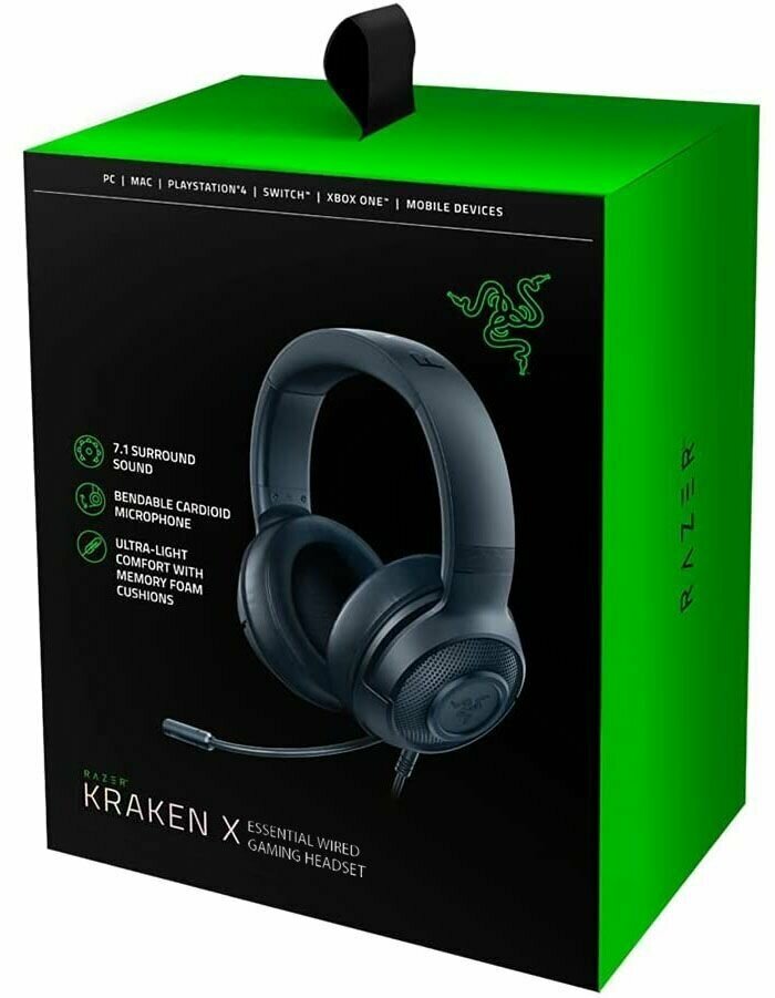 Игровые проводные наушники Razer Kraken X essential, AUX 3.5 мм с микрофоном, черные матовые