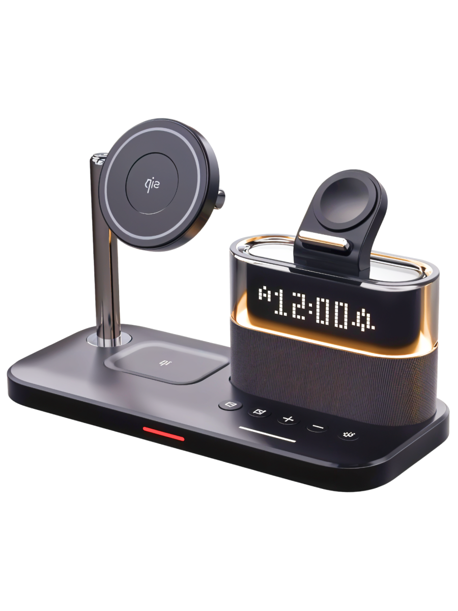 Беспроводная зарядка для Apple Iphone (MagSafe) 3-в-1 - 23Вт, наушники Air Pods и часы Apple Watch, встроенные часы и будильник — фото 1