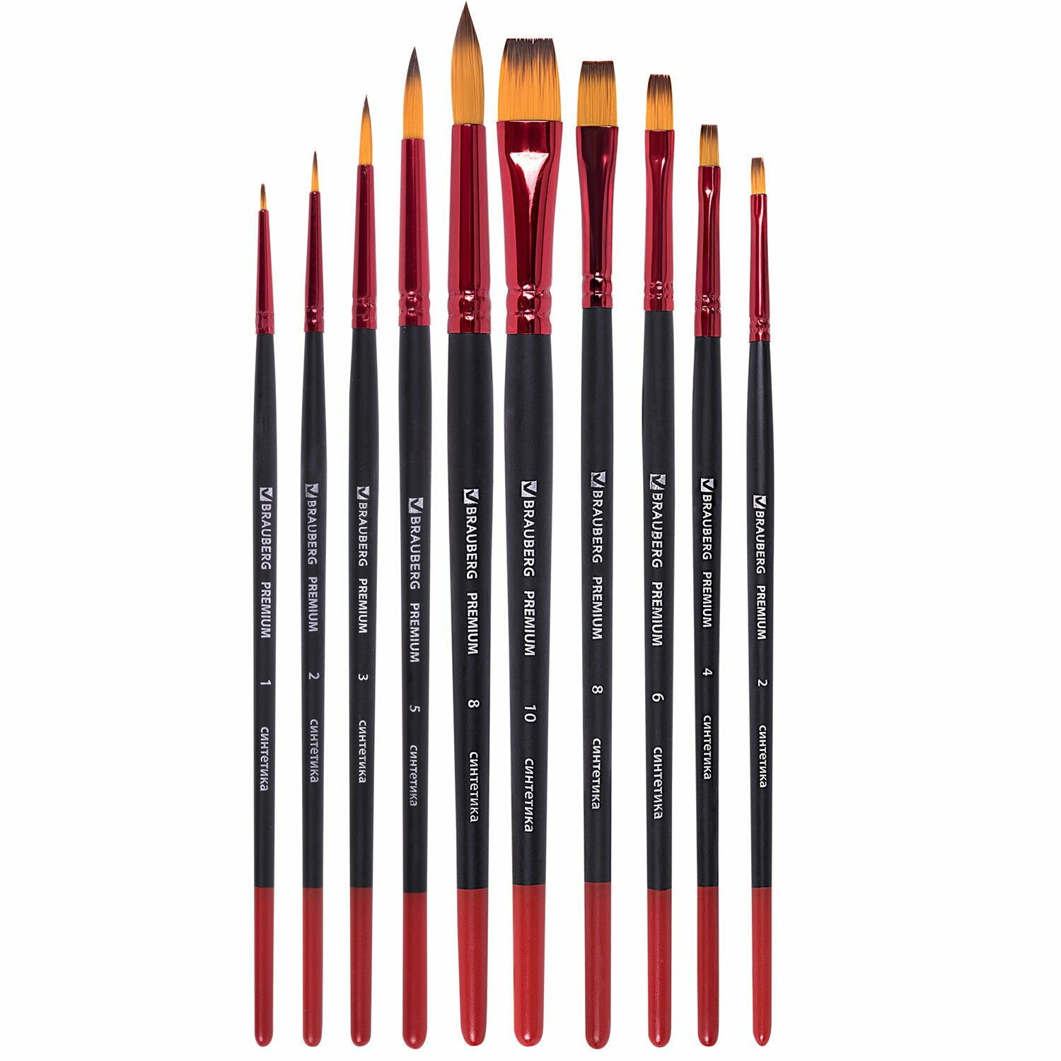 Кисти художественные Brauberg Premium, 10 шт, синтетика, круглые № 1, 2, 3, 5, 8 плоские