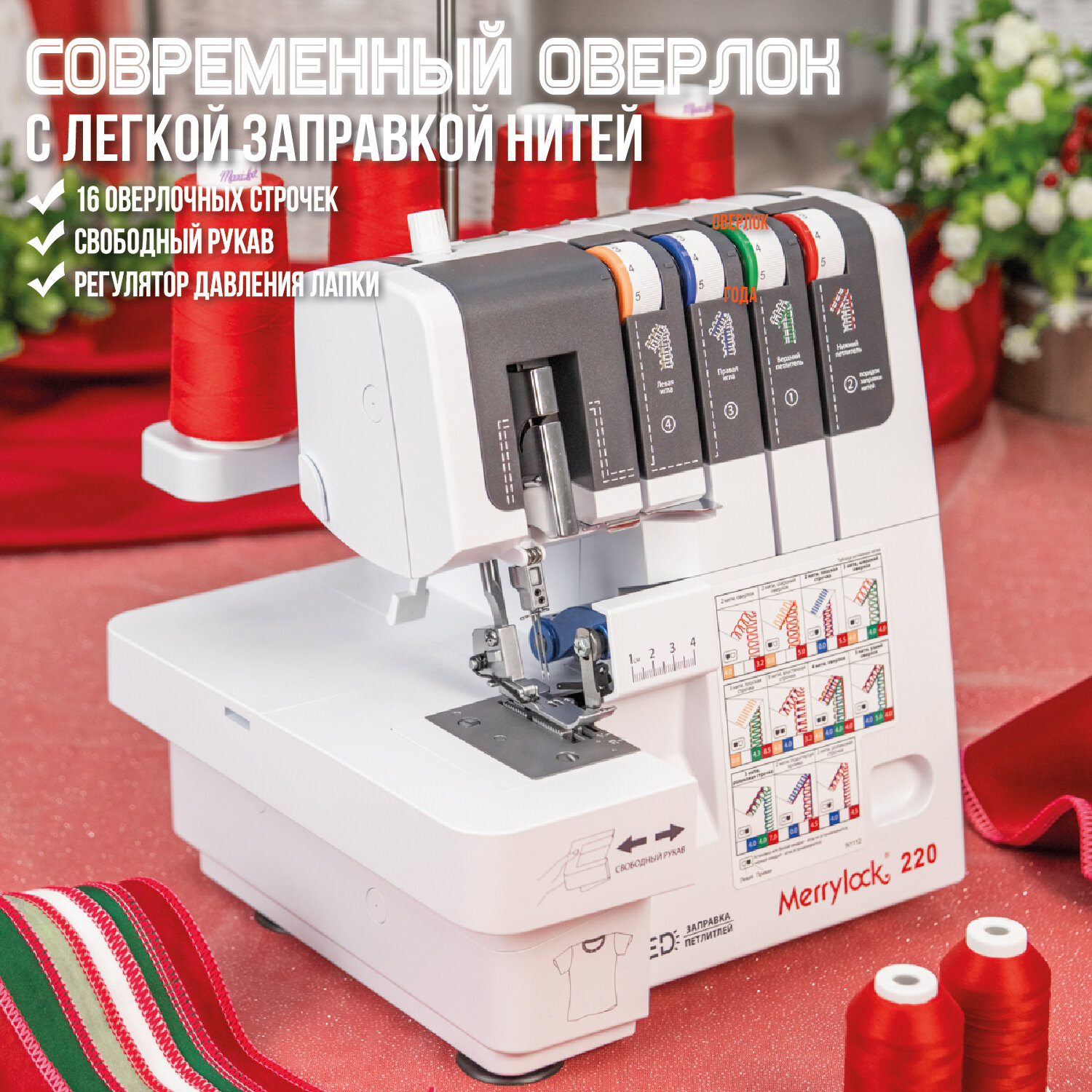 Оверлок Merrylock 220, 2-3-4х ниточный, свободный рукав, мусоросборник