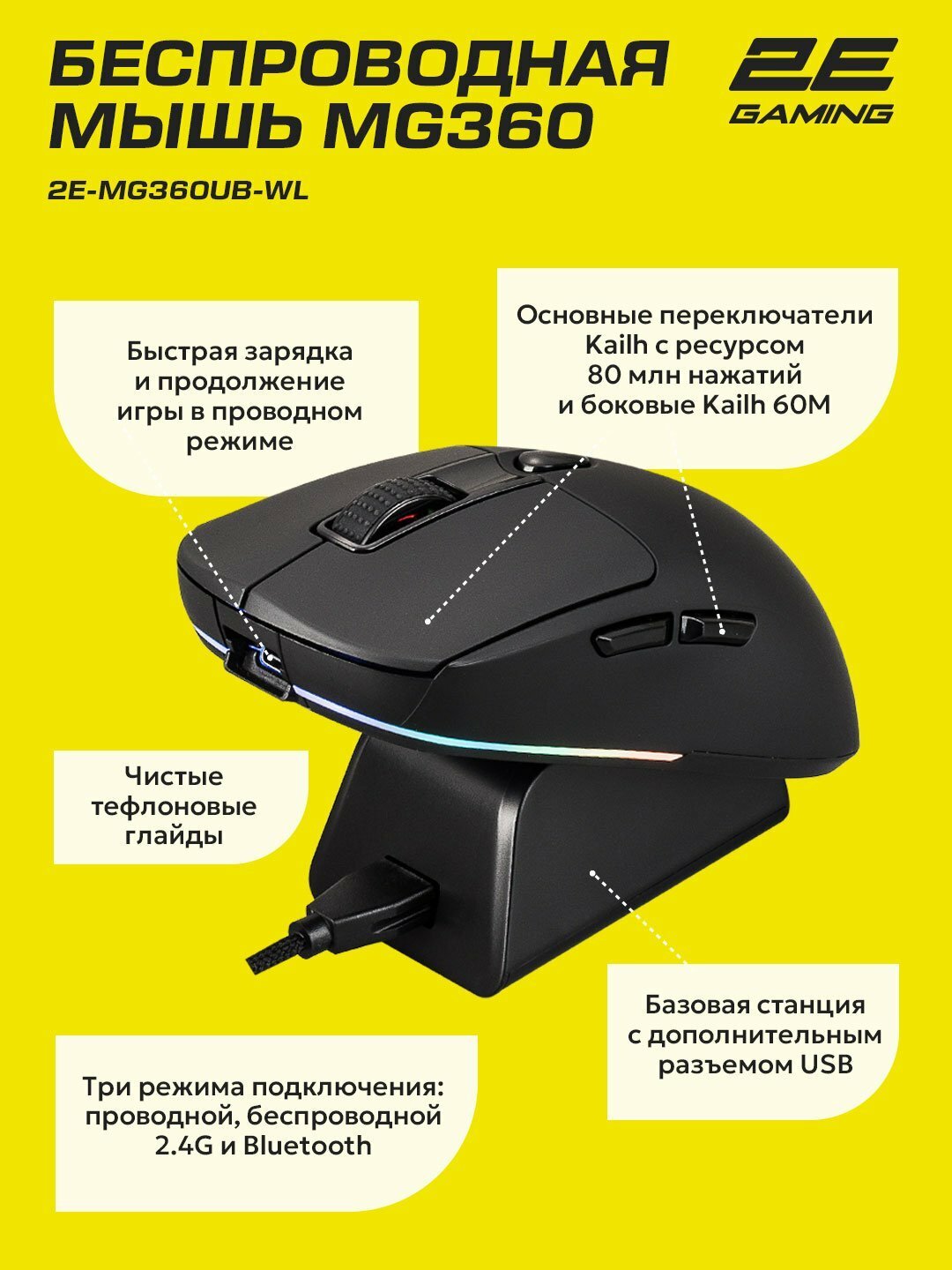 Игровая мышь 2E Gaming MG360, с зарядкой, беспроводная, 2,4 Гц — фото 1