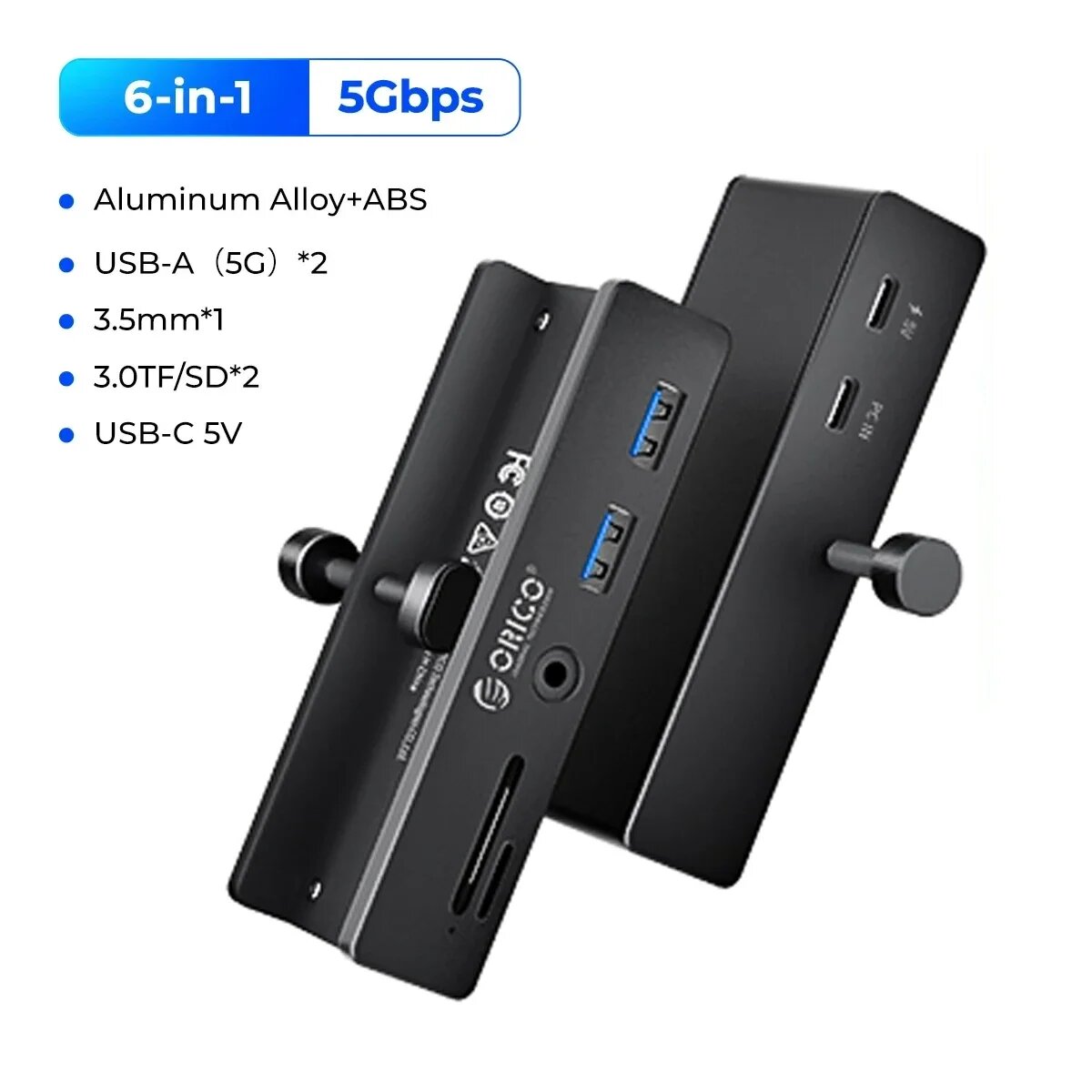 ORICO Clip Type USB-концентратор с мощным сверхвысокоскоростным расширениям 5 Гбит/с, 10 Гбит/с, подходит для SD/TF-карты для ПК, ноутбука, 6-in-1 5Gbps BK