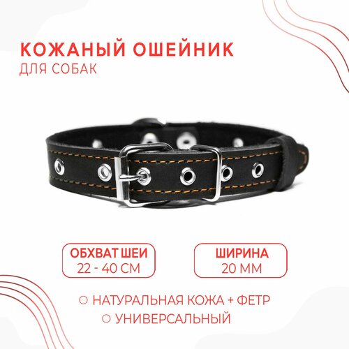 Кожаный ошейник на фетре (обхват шеи 22-40 см.) для собак / черный