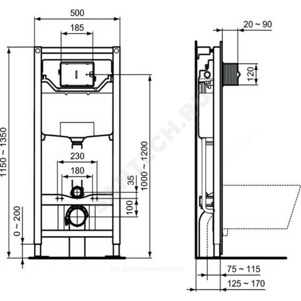 Инсталляция PROSYS FRAME 120M для подвесного унитаза без кнопки смыва Ideal Standard R020467
