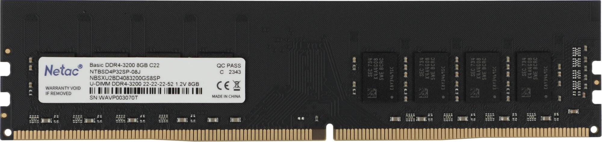 Netac NTBSD4P32SP-08J Оперативная память Basic, DDR4, 8GB (1x8GB), 3200MHz, CL22, DIMM