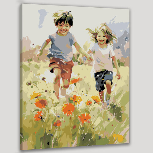 Изображение товара Картина по номерам 40x50 см, акварельная картина, радость детей, игра на лугу, солнце, смех, цветы