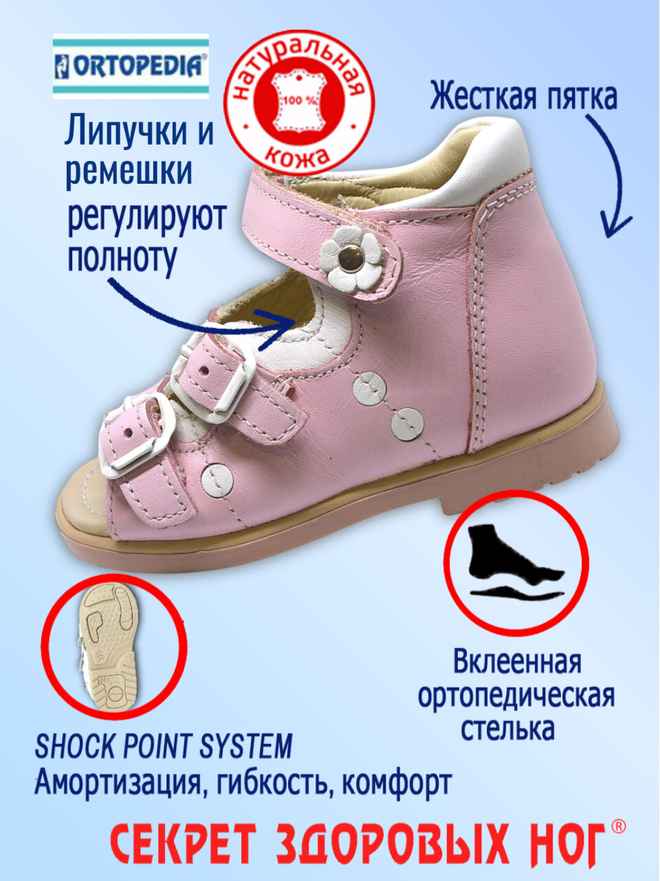 Сандалии детские Первые шаги ORTOPEDIA, арт.2640I=175 розовая*белая кожа (19(11,5 см)) — фото 1