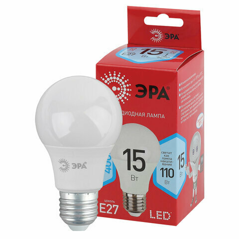 Лампа светодиодная ЭРА RED LINE, 15 (110) Вт, цоколь Е27, груша, нейтральный белый свет, 30000 ч, LEDA6015W840E27R, Б0046356