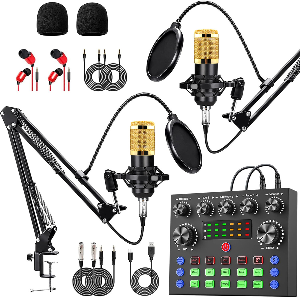 Комплект для стрима и записи на двоих – 2 студийных микрофона с кронштейнами и звуковой картой для ПК и ноутбука