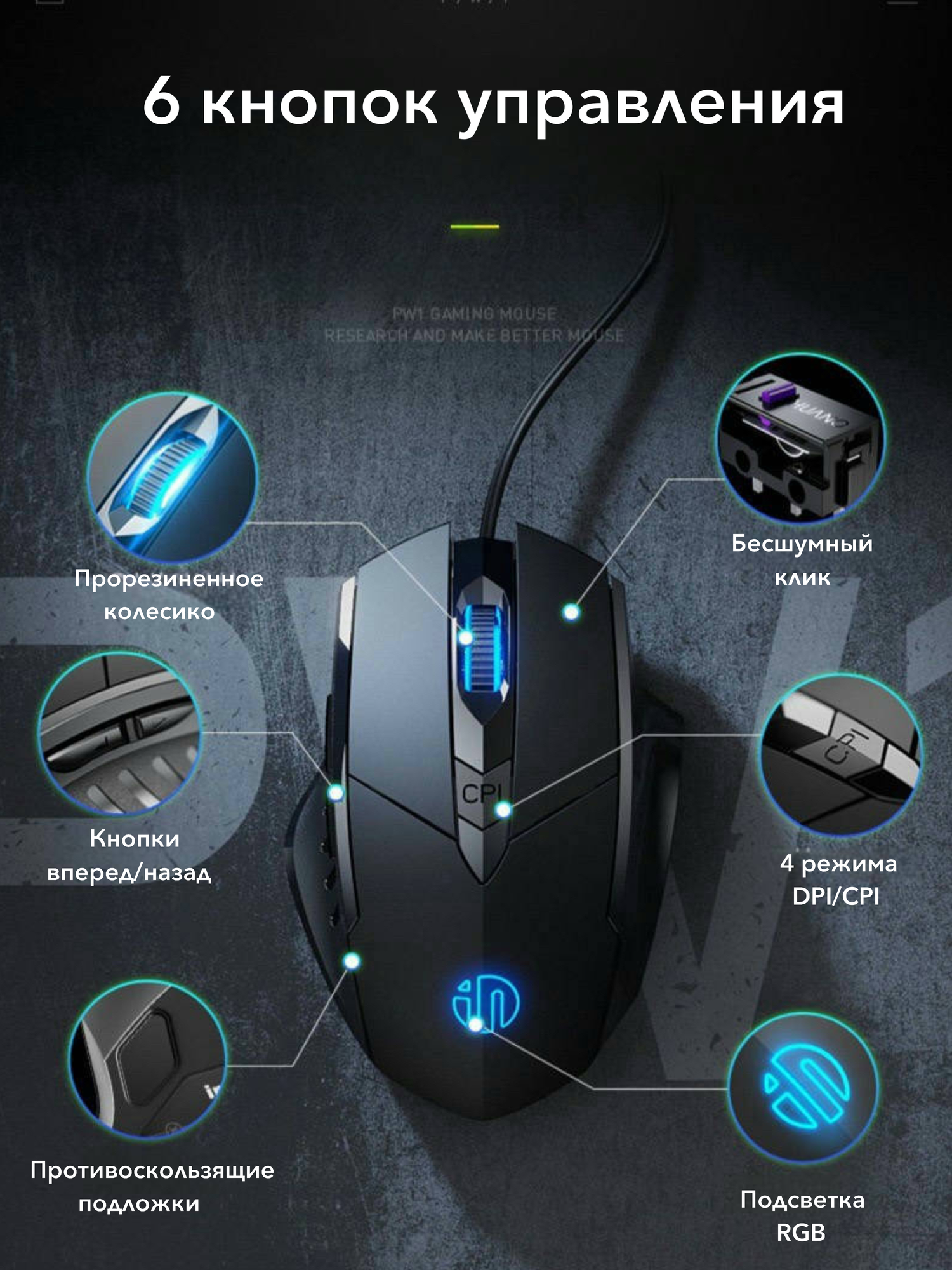 Мышь inphic W1S, проводная, бесшумная, RGB-подсветка, 1200 DPI — фото 1