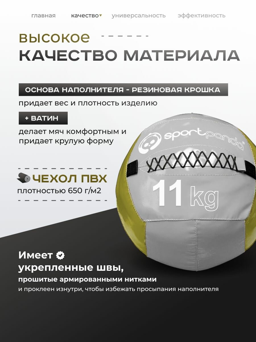 Медбол SportPanda, ПВХ, диаметр 38 см, 11 кг, армированные швы — фото 1