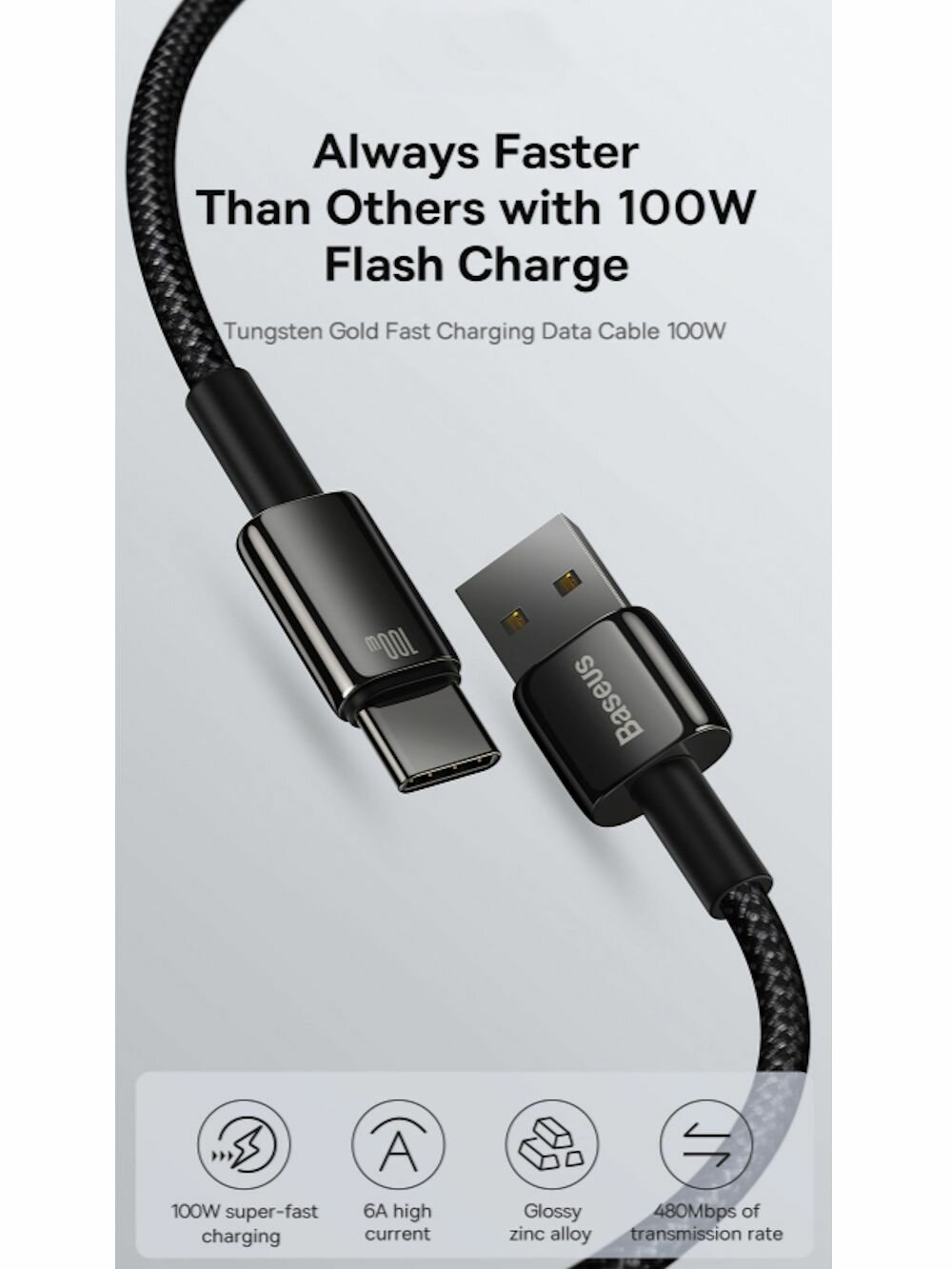Кабель USB - Type-C 2 метра Baseus Tungsten Gold, быстрая зарядка 100 Вт - Черный (CAWJ000101)