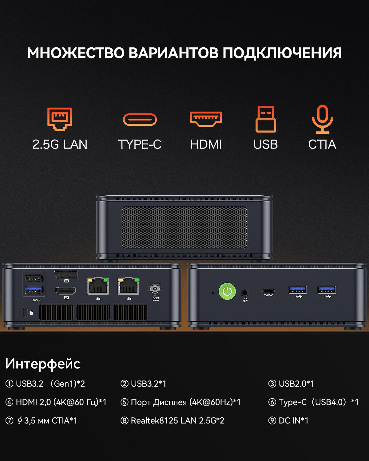 Мини ПК GMKtec M6, AMD R5 6600H, RAM 16ГБ, ROM 1024ГБ SSD, AMD Radeon Graphics, Win11 Pro, type-c full function, серый — фото 1