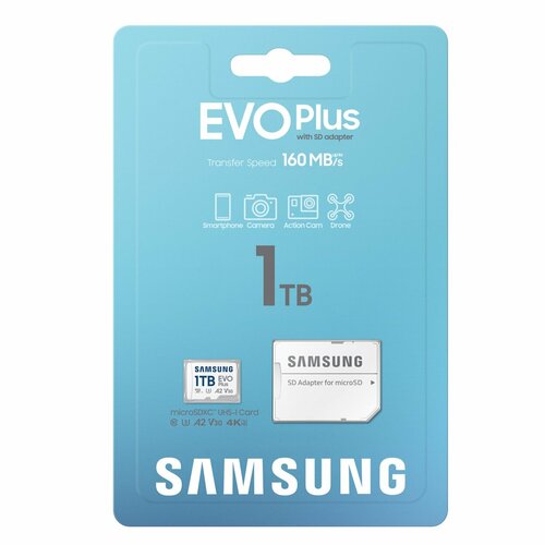 Карта памяти Samsung EVO Plus - 1 TB - 160 MB/сек - micro SDXC UHS-I класс 10 U3 A2 V30 4K UltraHD + SD Адаптер
