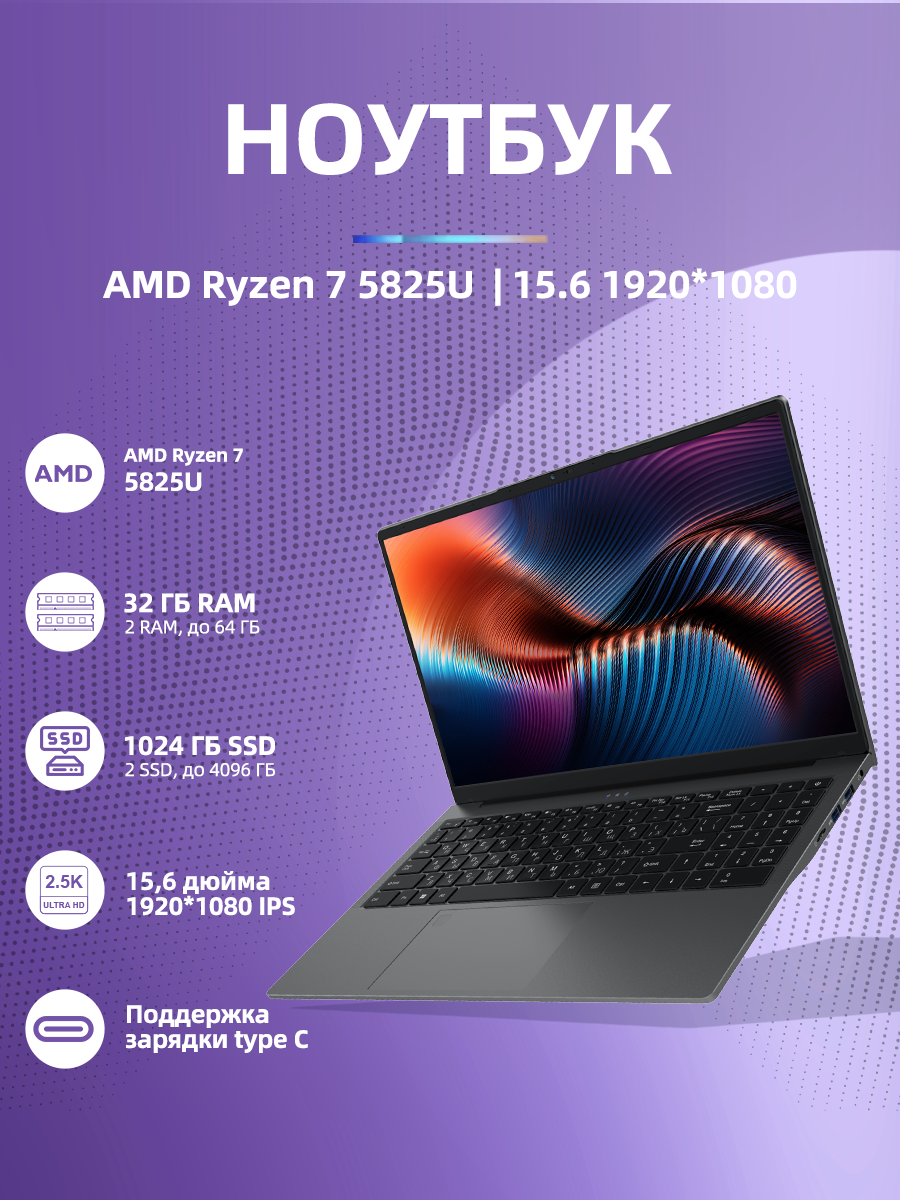 Ноутбук Ninkear A15 Plus AMD Ryzen 7 5825U, FHD IPS 15.6", RAM 32 ГБ, SSD 1024 ГБ, AMD Radeon Graphics, Windows 11 Pro