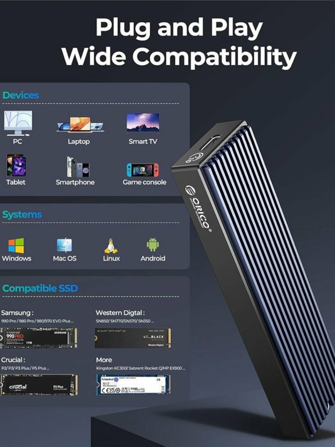 Кейс ORICO M2SSD Case NVMe USB Type C 10 Гбит/с жесткие диски