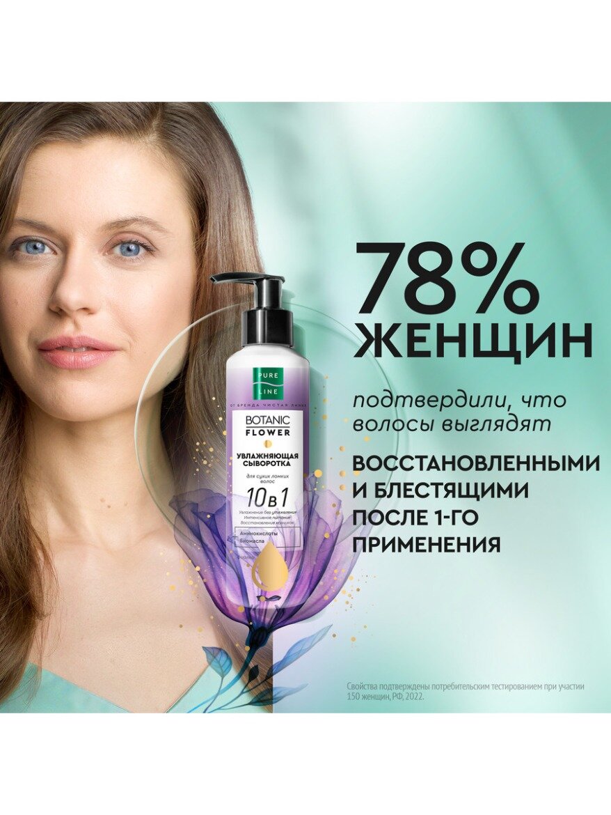 Чистая линия PURE LINE BOTANIC FLOWER увлажняющая сыворотка для волос 10в1, 160 г, 160 мл, бутылка — фото 1