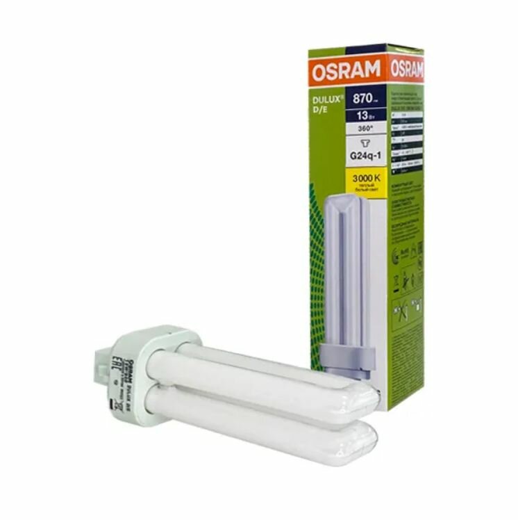 Компактная люминесцентная лампа Osram DULUX D/E, неинтегрированная 13W, 3000K GX24q-1