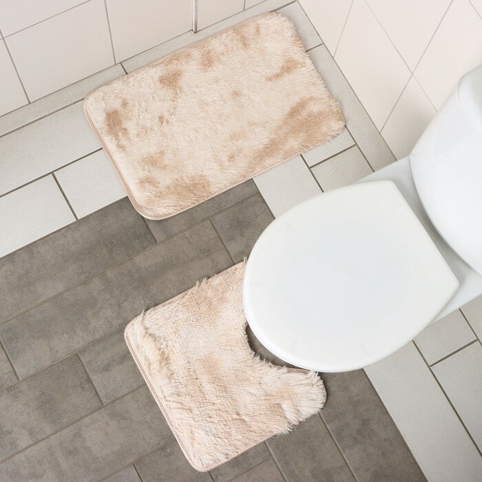 Набор ковриков для ванной комнаты Доляна «Пушистик», 2 шт, 61×41 см, 37×41 см, цвет бежевый