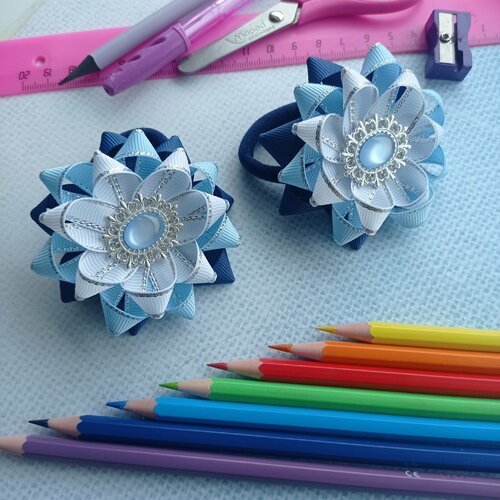 Банты для школьницы, бело - синие 2 шт