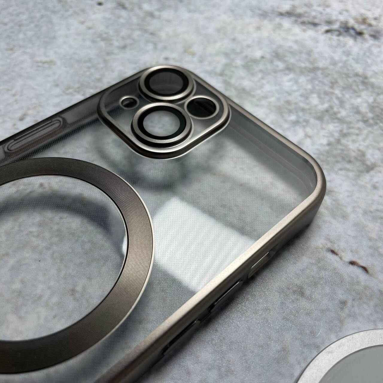 Чехол Silicone для iPhone 15 Титановый защитой камеры / Силиконовая накладка / С Магнитом / Для Беспроводной Зарядки