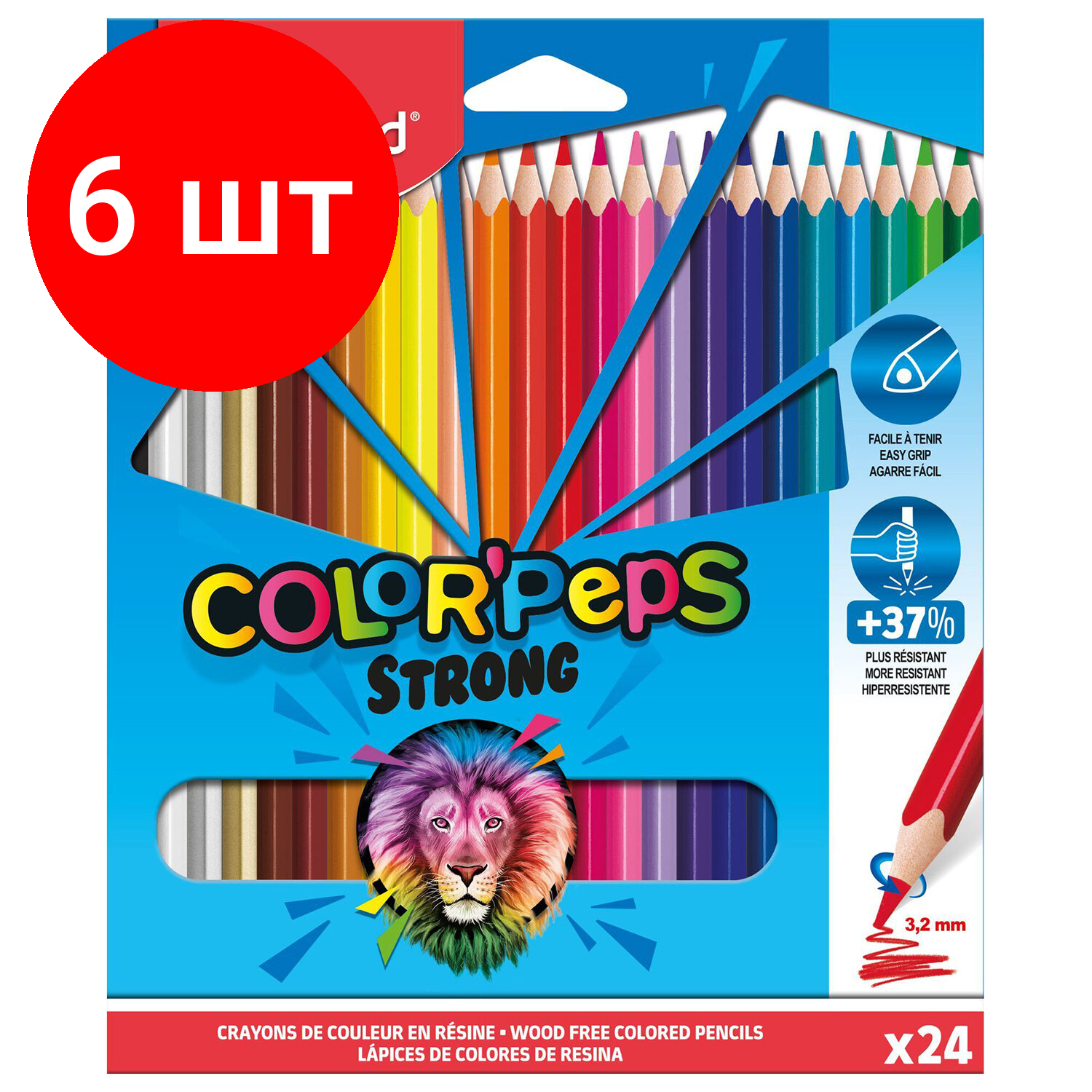Комплект 6 шт, Карандаши цветные MAPED COLOR PEP'S Strong, набор 24 цвета, грифель 3.2мм, пластиков.корпус, 862724