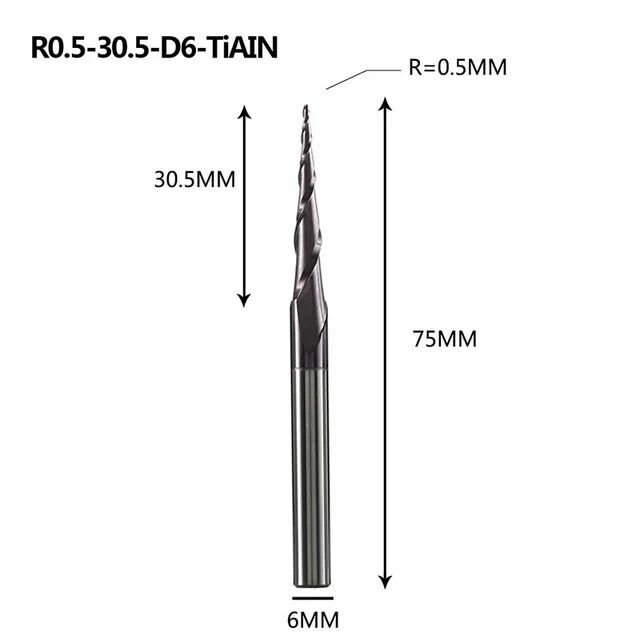 Dreanique конусная фреза по дереву (R0.5 L30.5 d6 покрытие TiAlN) P2BC-R0.5-30.5-H6 39786