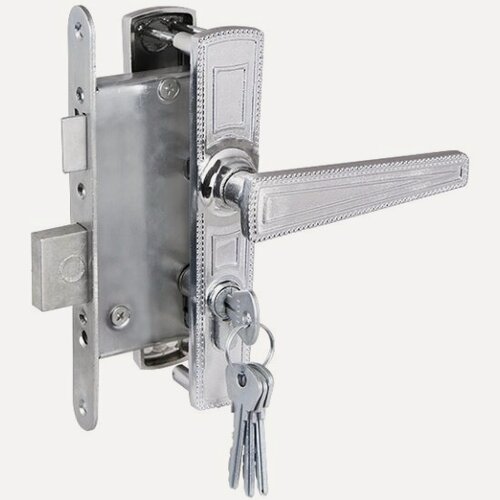 Изображение товара Замок врезной цилиндровый с защёлкой в комплекте с ручкой Зенит (замки) зенит ЗВ4-3.01 (хром), 4 кл.