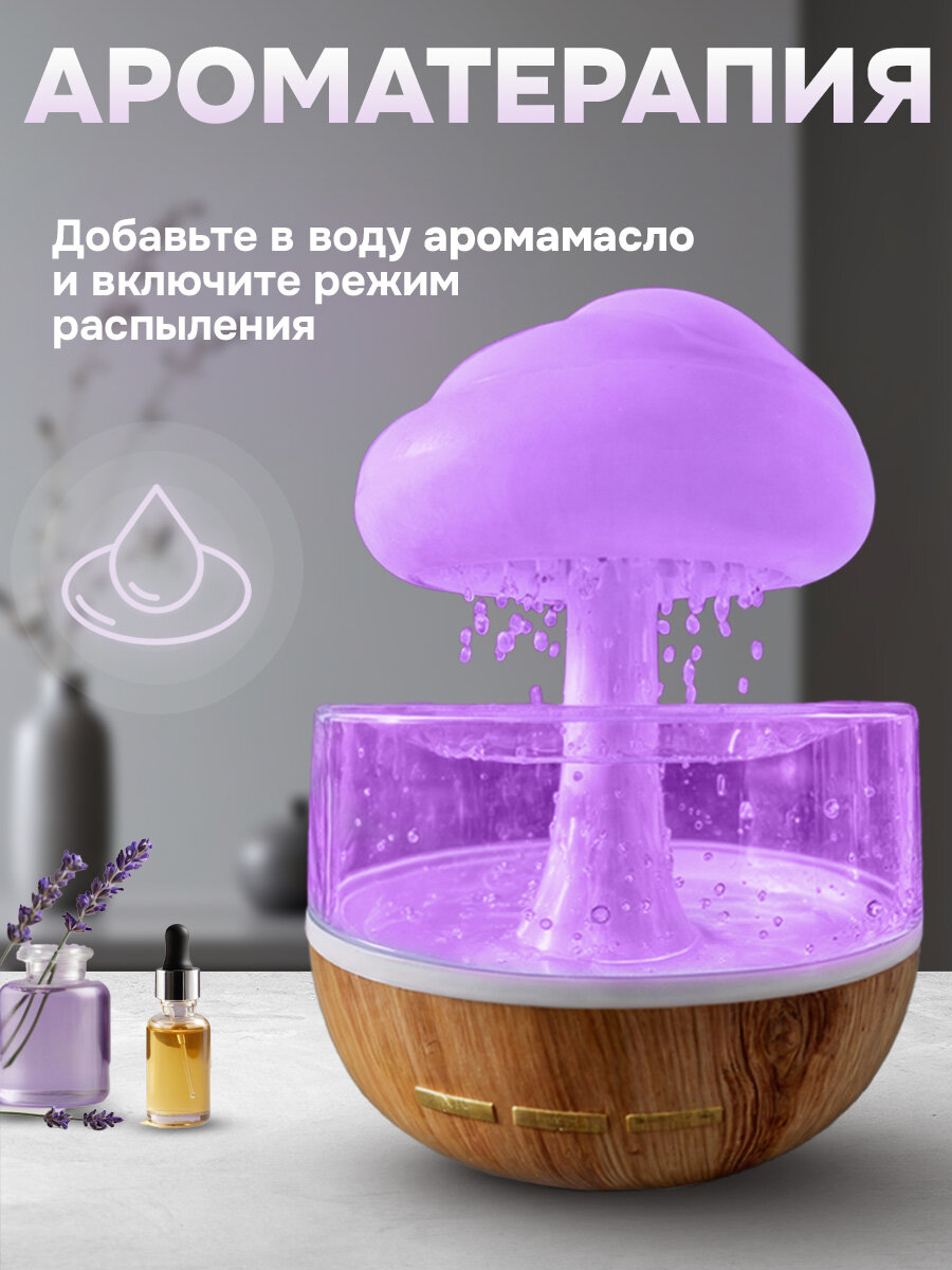 Увлажнитель воздуха для дома, с эффектом дождя, гриб с подсветкой, аромадиффузор, ночник