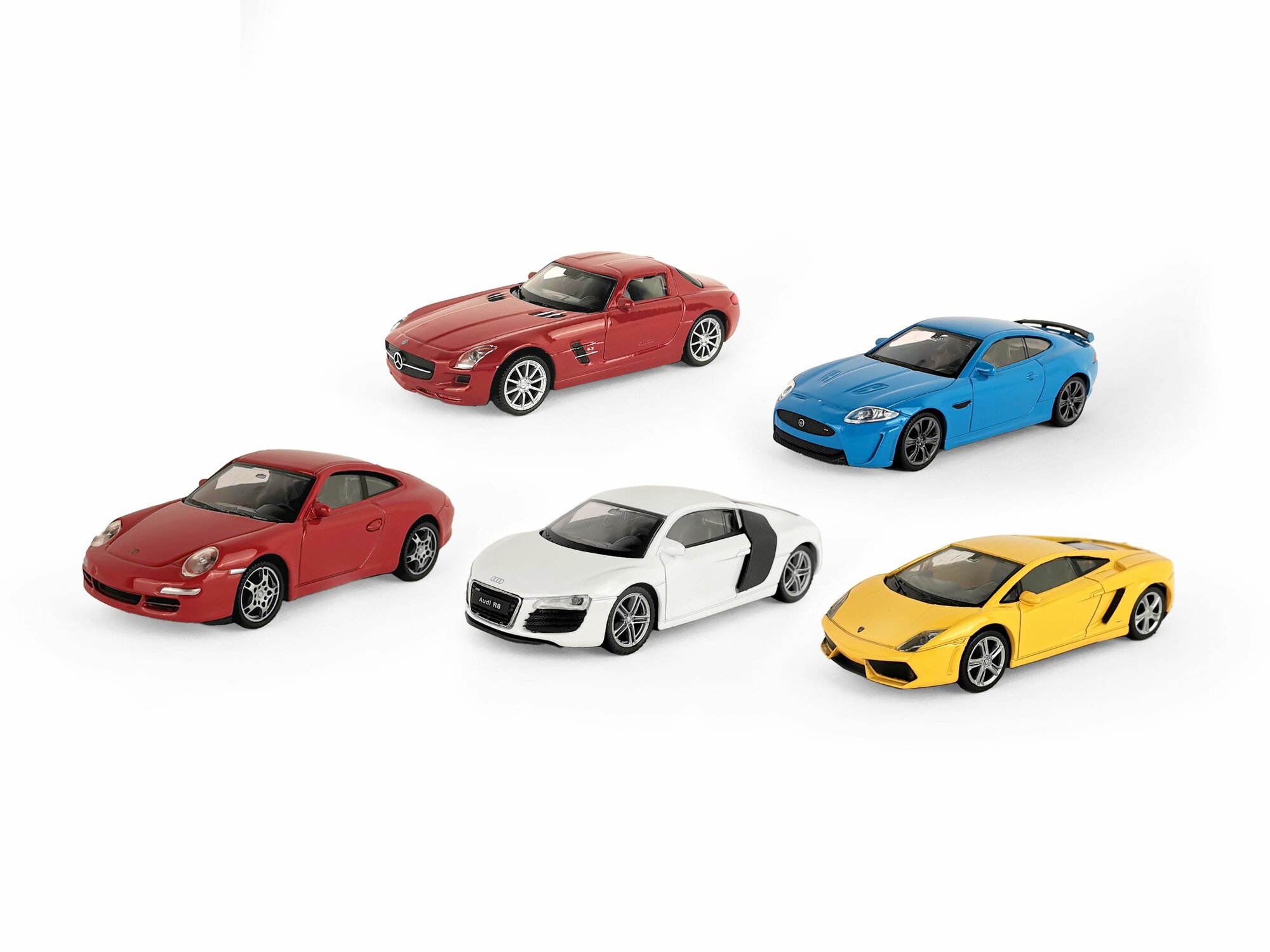 Набор WELLY 1:43, Lamborghini Gallardo LP560-4, Porsche 911 Carrera S, Audi R8 Coupe, Mercedes-Benz SLS AMG, Jaguar XKR-S, 5 шт.