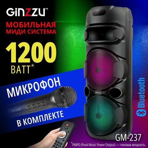 Портативная беспроводная блютуз колонка Акустическая Караоке система MIDI Ginzzu GM-237 с Bluetooth 1200Вт PMPO микрофон беспроводной в комплекте 2 динамика по 8 дюймов твитер LED-дисплей TWS USB-flash microSD FM-радио пульт ДУ 982400₽