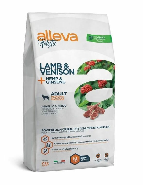 Сухой беззерновой корм Alleva Holistic Adult Lamb & Venison Medium/Maxi для взрослых собак средних и крупных пород, с ягнёнком, 2 кг