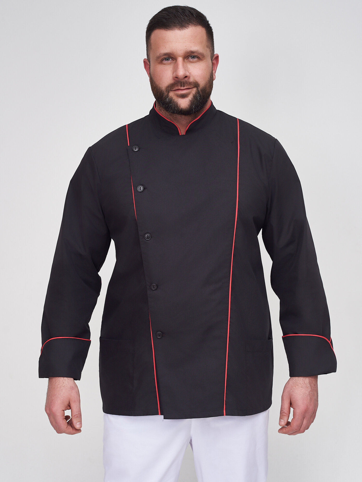 Поварская рубашка 026.1.1 Uniformed, ткань тиси, рукав длинный, на пуговицах, цвет черный, отделка красная, размер 56-58