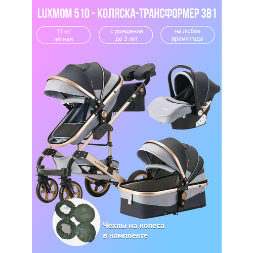 детская коляска трансформер 3 в 1 luxmom 510 синий Детская коляска-трансформер 3 в 1 Luxmom 510, синий с чехлами на колеса