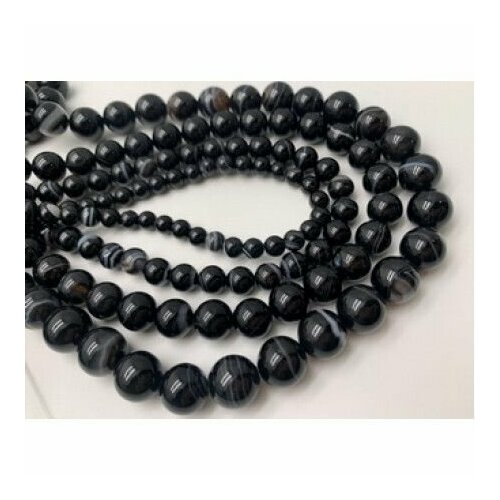 Каменные бусины, Агат, чёрный, тонированный, с полосками, шарик гладкий, 6 мм, длина нити 38 см