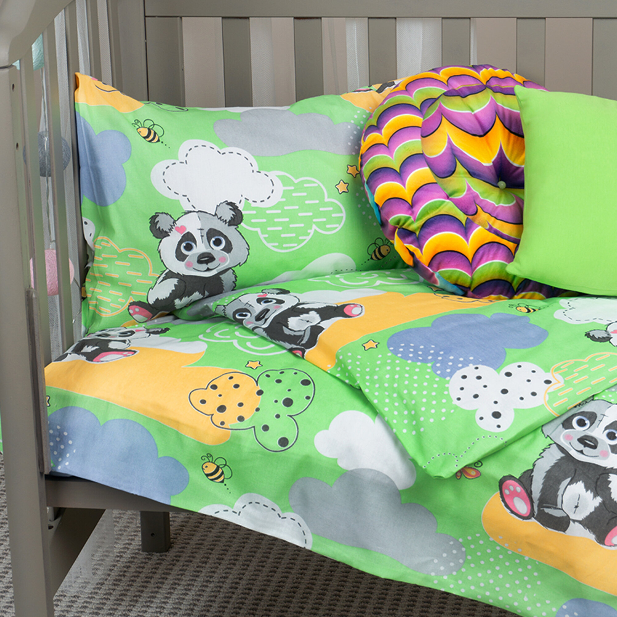 Детское постельное белье в кроватку Galtex Панды зеленый