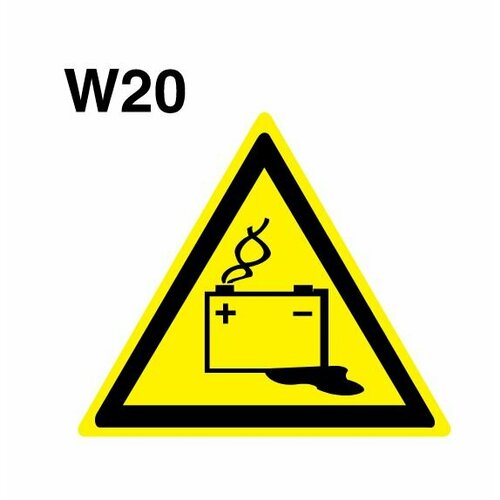 Световозвращающий, треугольный, предупреждающий знак W20 Осторожно. Аккумуляторные батареи (самоклеящаяся ПВХ плёнка, 550*550*0,1 мм, 50 шт, ГОСТ 12.4.026-2015)