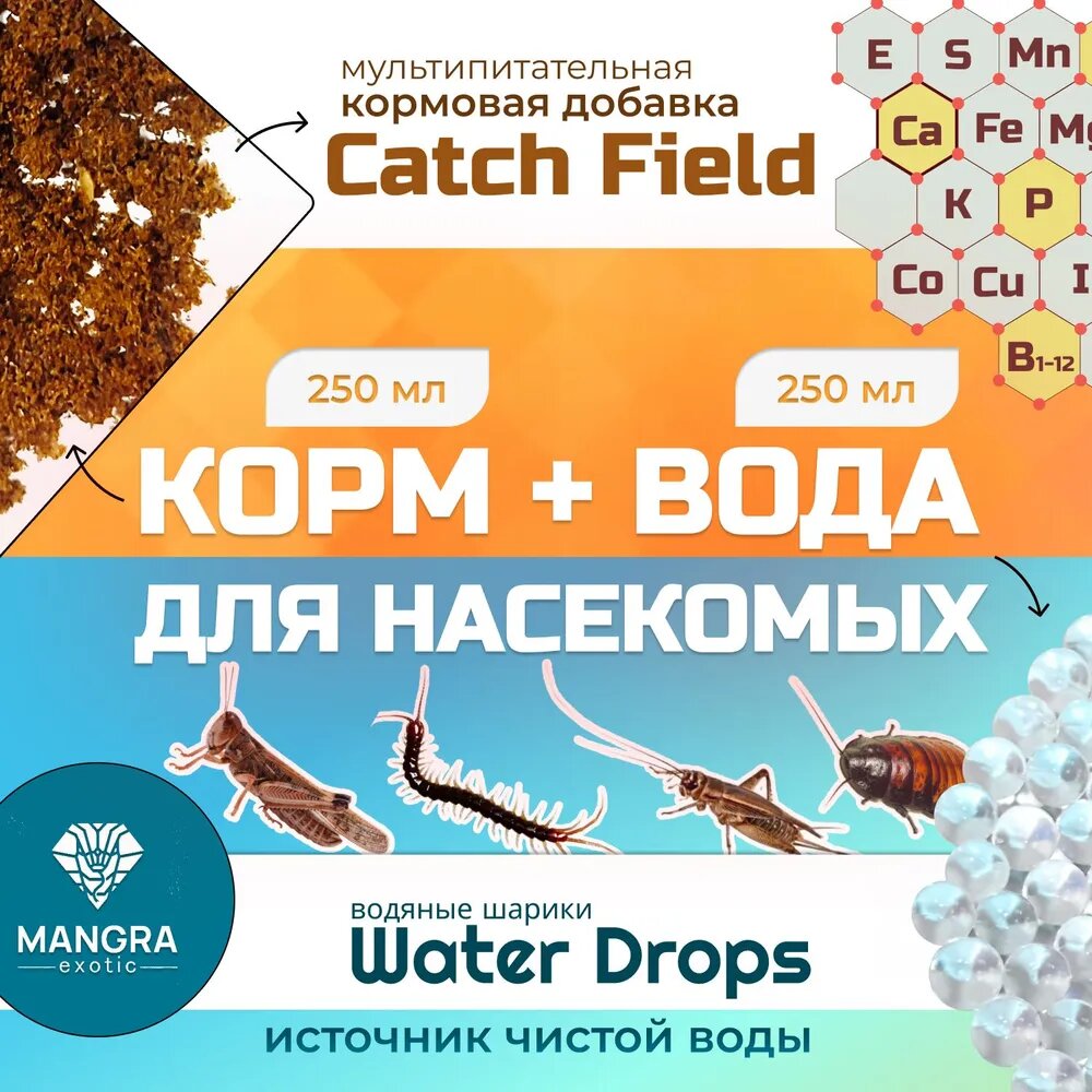 Корм + вода для насекомых MANGRA exotic: водяные шарики "Water Drops" (250 мл) + "Catch Field" (250 мл) - для тараканов, сверчков, муравьев, саранчи, сколопендр, для всех видов насекомых