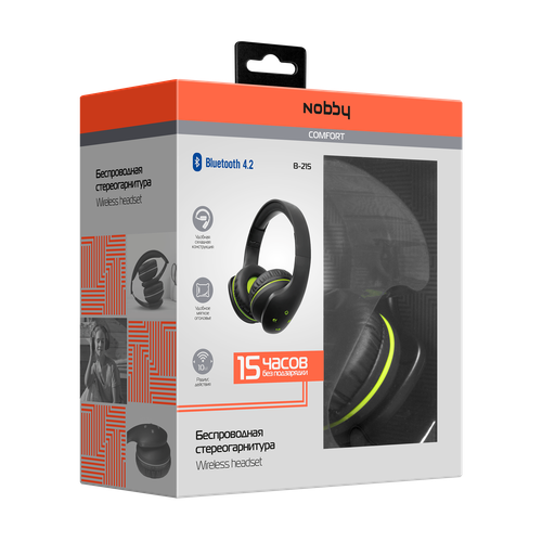 Беспроводные полноразмерные наушники Nobby Comfort B-215 Черно-зеленый BT 42 пластик 1190₽