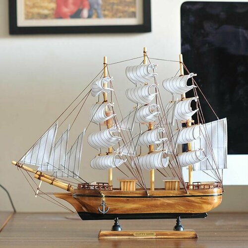 Большой корабль 44 см сувенирный борта светлые паруса белые с полосой 2160₽