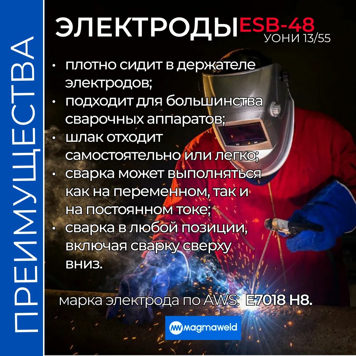 Электроды Для Сварки Электроды сварочные ESB48 Magmaweld с основным покрытием для нелегированной стали УОНИ 13/55 3.0х350мм 2.5кг