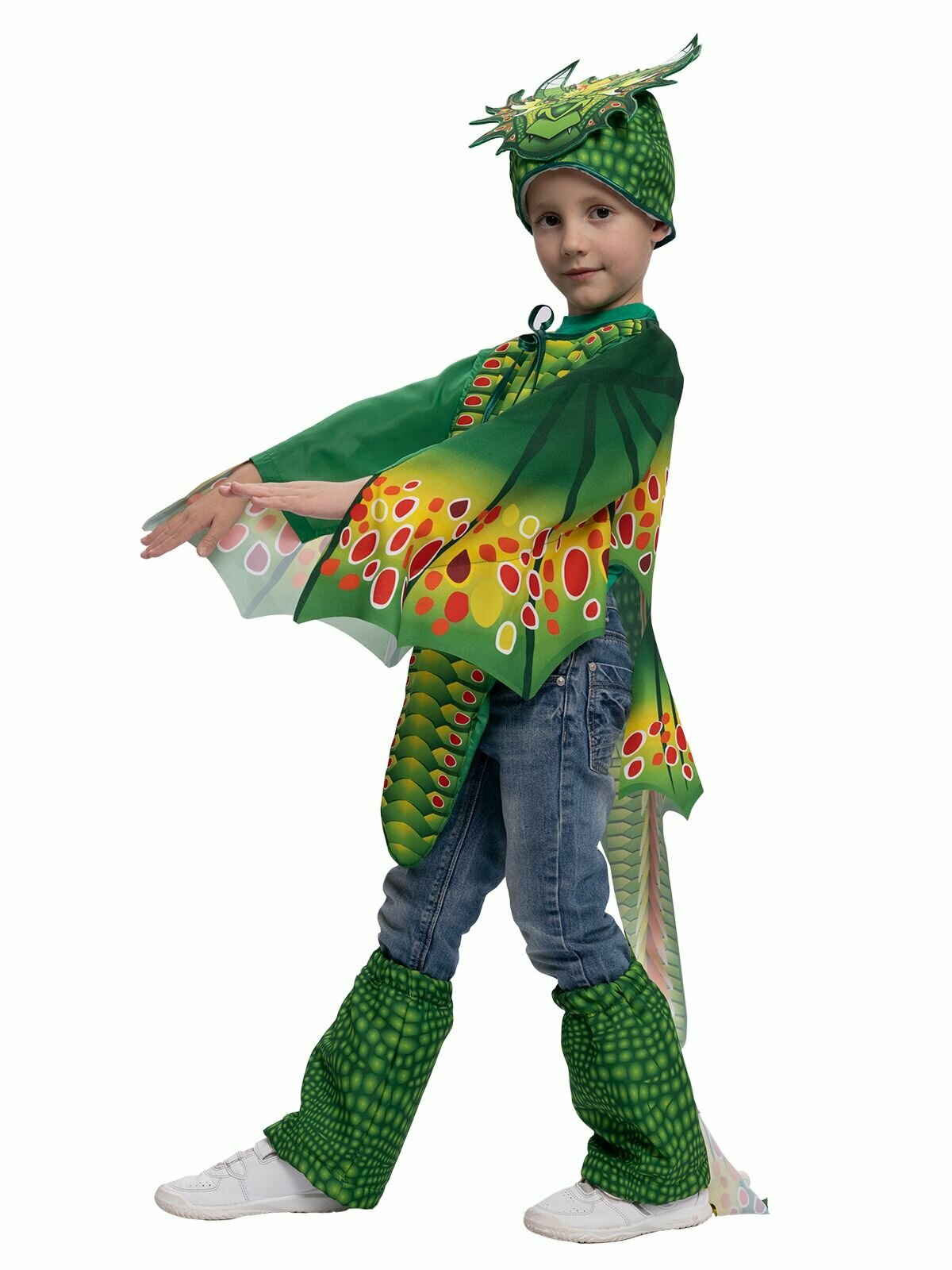 Детский карнавальный костюм зеленый Дракон на рост 116-122 (размер 30) — фото 1