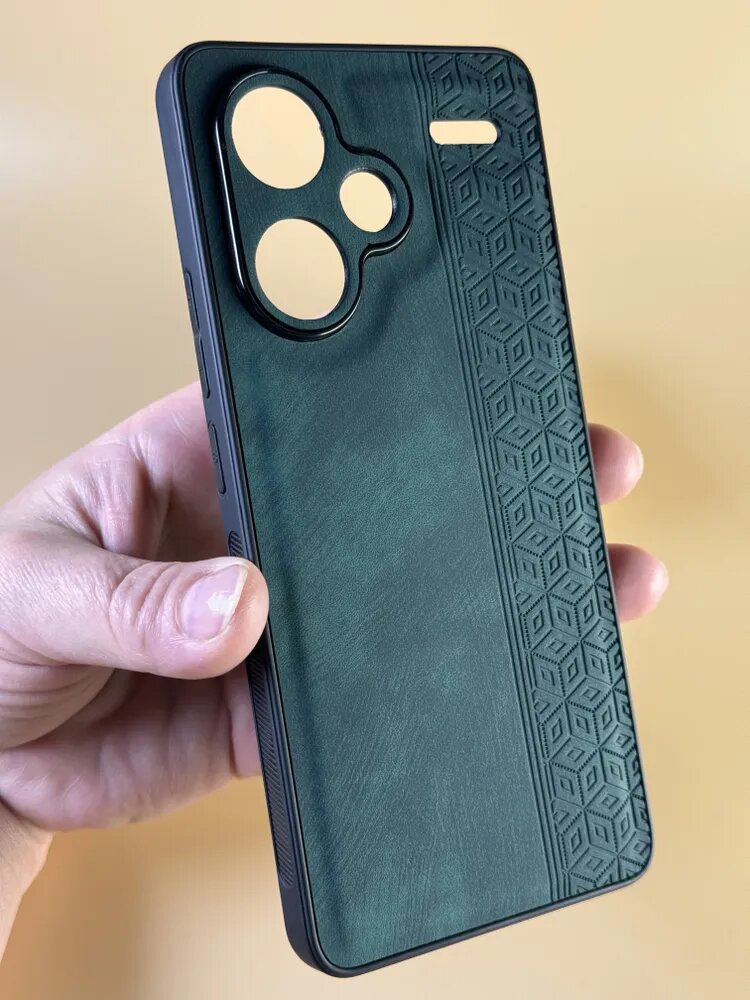 Чехол кожаный на Xiaomi Redmi Note 13 Pro Plus /Чехол на Редми Нот 13 Про Плюс с защитой камеры, геометрия, зеленый — фото 1