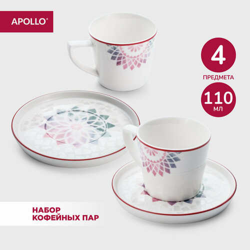 Кофейная пара, чашка с блюдцем из фарфора 110 мл APOLLO "Mosaic" 4 предмета голубой, белый, розовый, голубой